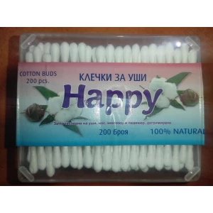 Изображение товара -  Ватні палички “Happy“ 200шт., пач.-12шт., ящ.-144шт. Кв.Кор., Турція.