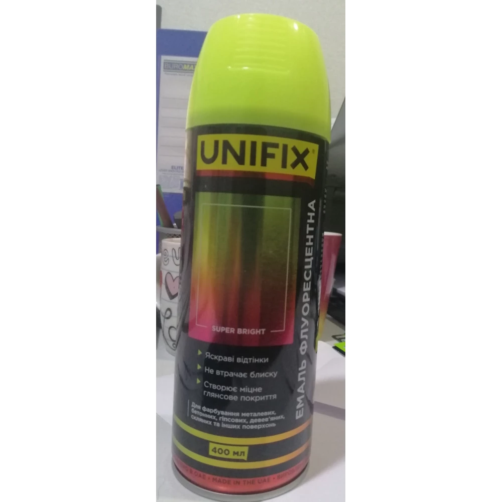 Емаль універсальна акрилова флуоресцентна Жовтий гл.400мл.UNIFIX