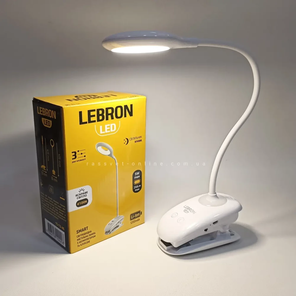 Лампа настільна з кліпсою LEBRON L-TL-L-Clip-46, 5W, 4100K, Li-ion 1200mAh, біла, USB